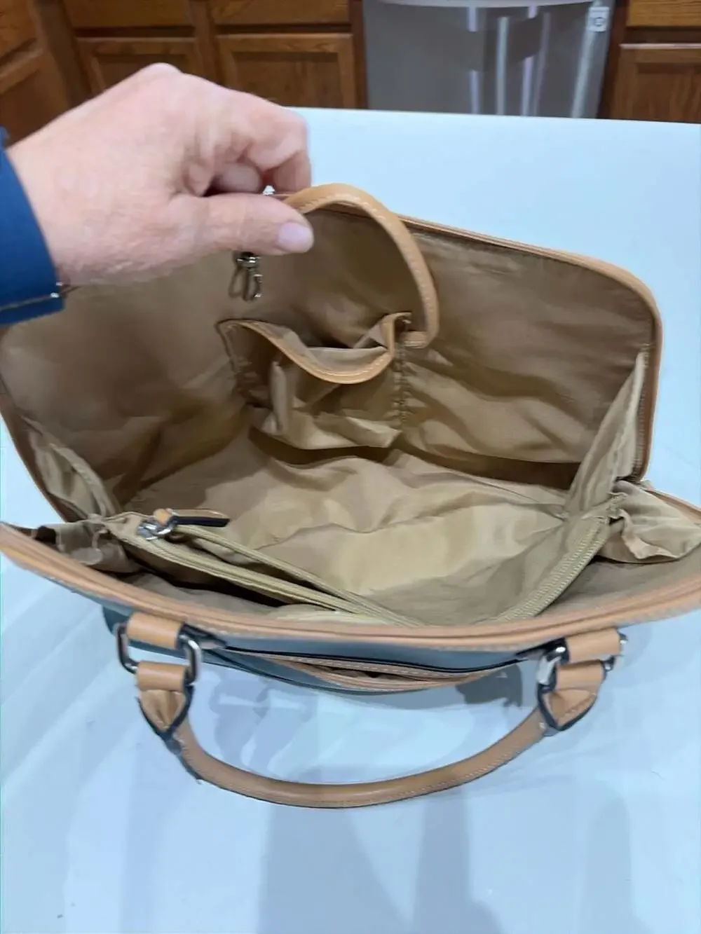 Giani Bernini Saffiano Faux Leather Dome Satchel Handbag, Teal/Tan, 12.5